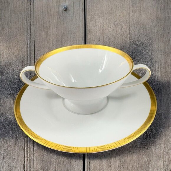 Rosenthal Germany White Gold Band Black Lines Double Handle Cup Saucer Set - Picture 3 of 16